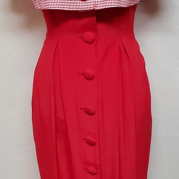 𝅺BRIOCHE 80s Vintage Red Gingham Plaid Cropped Jacket Tie Pleated Wiggle Dress - Picture 7 of 16
